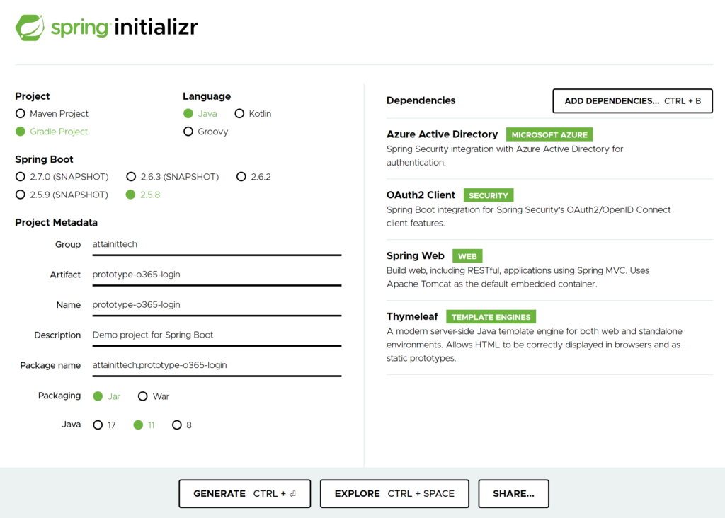 Spring Initializr Settings