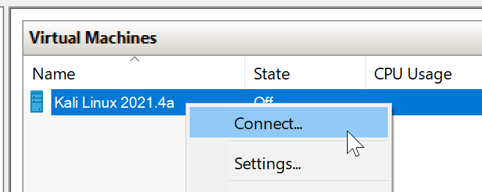 connecting to a kali linux vm using hyper-v