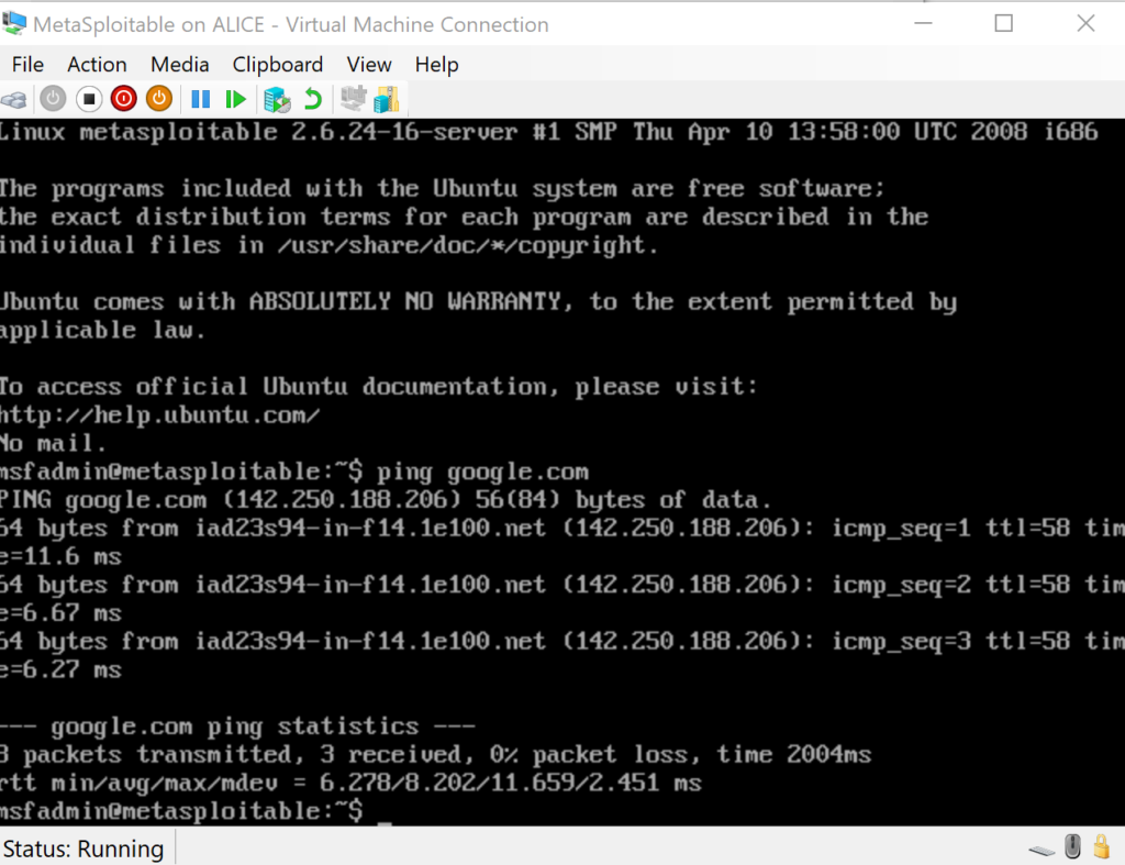 Ping Google from MetaSploitable